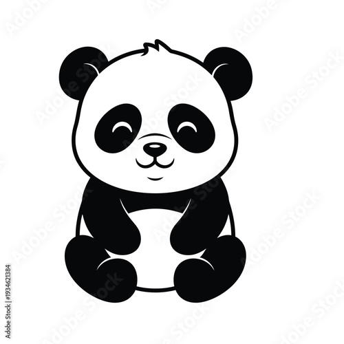 Adorable cartoon giant panda bear sitting playfully, rendered in simple black and white vector art, showcasing a cute and friendly character for children's media.
