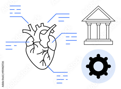 Heart diagram. The diagram a human heart with tech connections, a gear, and a governmental building innovation, health systems, and functionality. For healthcare, technology, innovation education