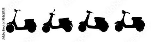 Four black electric scooters in different positions vector illustration