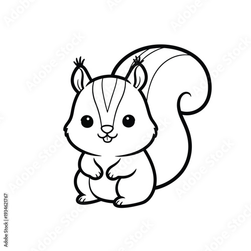 Adorable kawaii line art of a cute, fluffy baby squirrel with big eyes and a bushy tail, sitting patiently, perfect for children's books and animal themed designs.