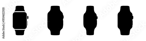 Four smartwatch designs in black silhouette vector illustration
