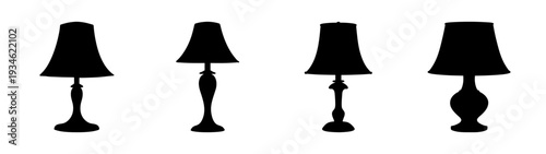 Four table lamps in different designs, vector illustration of black lamp silhouettes, flat design
