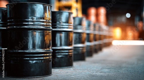 Rows of black oil drums in an industrial warehouse setting