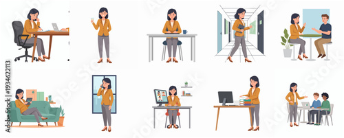 Flat Style Woman in Different Activity Poses Illustration in Office and Home