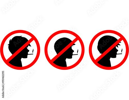 Three identical no smoking signs featuring a person's silhouette with a cigarette crossed out by a red circle on a white background.