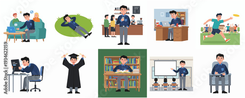 Cartoon Style Diverse Character Illustration of a Student in Different Scenarios
