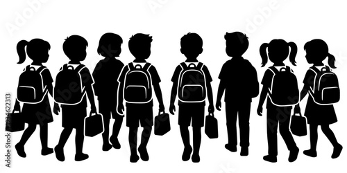 Group of children carrying school bags going to school silhouette, Children with schoolbag black silhouettes, Child carrying school bag silhouettes, Back to school kid carrying bay silhouette
