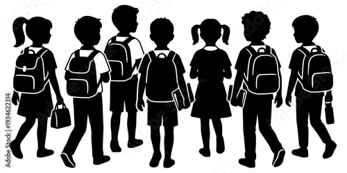 Group of children carrying school bags going to school silhouette, Children with schoolbag black silhouettes, Child carrying school bag silhouettes, Back to school kid carrying bay silhouette