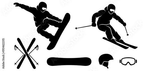 Skiing silhouette, Skier silhouette, Ski silhouette, Skier vector set, Snowboarding silhouette, Winter sport silhouette
