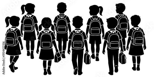 Group of children carrying school bags going to school silhouette, Children with schoolbag black silhouettes, Child carrying school bag silhouettes, Back to school kid carrying bay silhouette