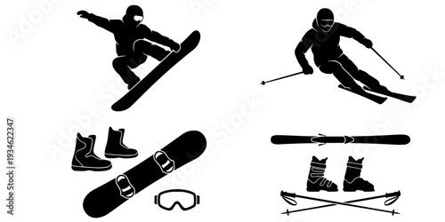 Skiing silhouette, Skier silhouette, Ski silhouette, Skier vector set, Snowboarding silhouette, Winter sport silhouette

