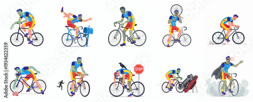 Modern Sporty Cyclist Character Action Poses Collection Illustration
