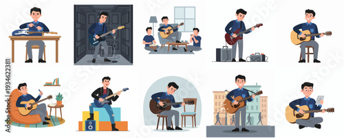 Cartoon Style Set of Male Guitarist Character Playing Different Guitar