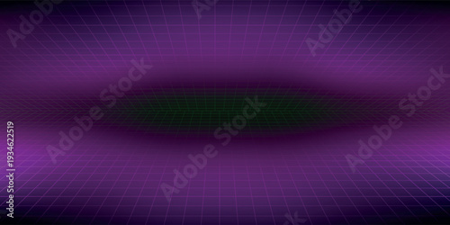 Neon wireframe horizon background. Light pink grid room floor in perspective. Glow magenta retro futuristic wallpaper. Abstract checkered plane landscape. Neon game floor surface. Vector backdrop