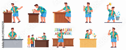 Cartoon Style Barman Collection Man in Hawaii Shirt Summer Holiday Set