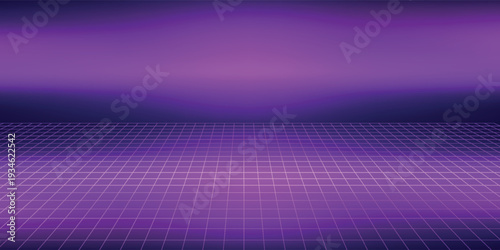 Neon wireframe horizon background. Light pink grid room floor in perspective. Glow magenta retro futuristic wallpaper. Abstract checkered plane landscape. Neon game floor surface. Vector backdrop