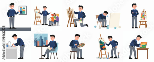 Flat Illustration Man Artist in Various Poses and Situations Set