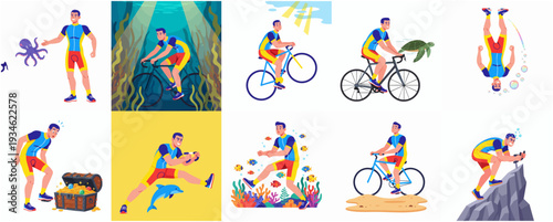 Flat Character Sport Activity and Adventure Illustration set in different location