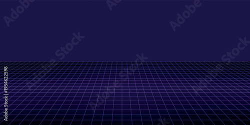 Neon wireframe horizon background. Light pink grid room floor in perspective. Glow magenta retro futuristic wallpaper. Abstract checkered plane landscape. Neon game floor surface. Vector backdrop