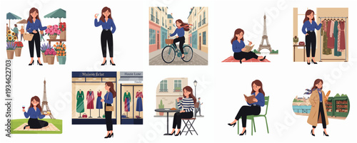 Illustration Set of Stylish Woman Enjoying Parisian Life in Various Activities