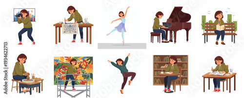 Cartoon Character Doing Hobbies and Activities with Lifestyle Illustration