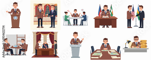 Animated Style Various Politician Activity in Meeting and Speech, Business People Set