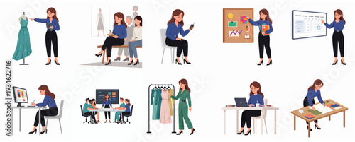 Stylized Flat Woman Design Fashion Process Various Poses Illustration