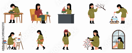 Flat Style Diverse Lifestyle Activity Illustration Set with Young Woman