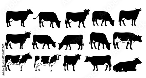 Dairy cow silhouette vector set side view farm animal icons EPS 10 isolated on white