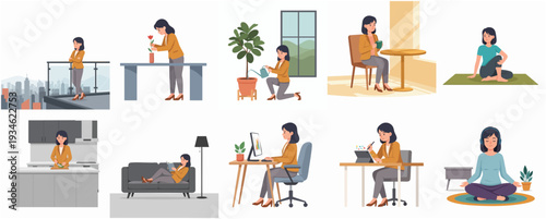 Flat Woman Various Daily Activities Illustration Set in Different Scene
