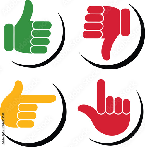 Four hand gesture icons representing thumbs up, thumbs down, and other hand signals. Vector
