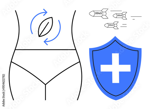 Cybersecurity, health protection, cyber threats, data safety, personal data, digital shield. Abstract symbols of body, shield with cross and DDoS attack icons. Cybersecurity and health protection