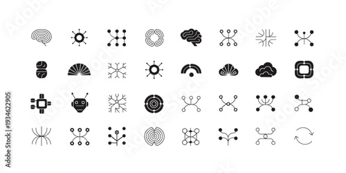 Collection of various black and gray icons representing different concepts and objects on a white background viewed from directly above
