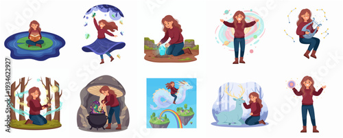 Whimsical Handdrawn Girl in Fantasy Scenes Illustration Set