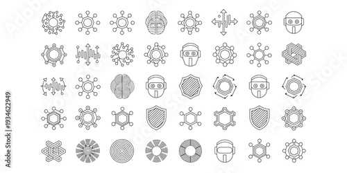 Collection of various gray icons related to science and technology displayed on a neutral background viewed from a straightforward perspective