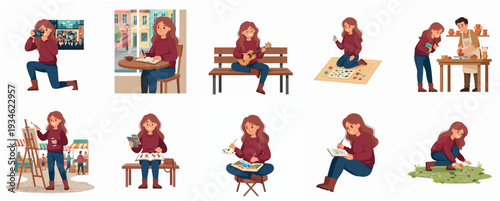 Flat Illustration Set of Artistic Woman Doing Various Activities and Hobbies