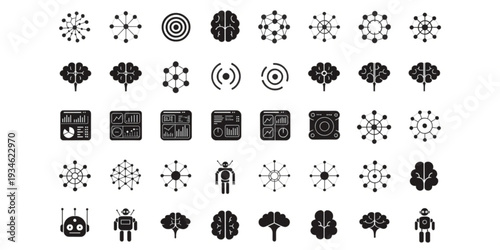 A collection of various black icons representing abstract concepts and objects on a plain background viewed from directly above