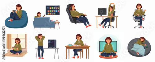 Cartoon Style Diverse Woman Poses in Daily Life Activities Illustration