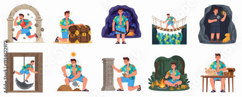 Flat Illustration Set of Adventurer Male Character in Different Actions