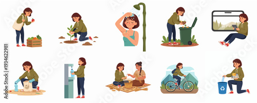 Illustrated Lifestyle Environment Activity and Conservation Woman Character Set Design Concept