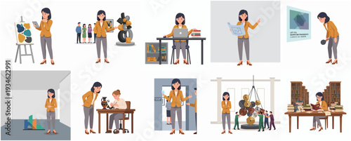 Illustrated Professional Woman in Diverse Career Situations and Creative Environments Set
