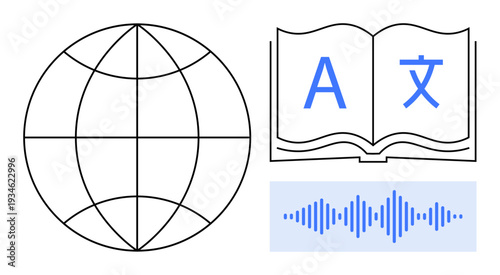 Language translation concept. Globe, open book with multilingual text, and audio waveform language translation, communication, and accessibility. For education, technology, apps linguistics global