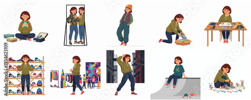 Illustration of Young Woman Enjoying Diverse Hobby and Lifestyle Activities Set