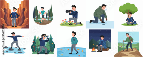 Illustrated Variety of Outdoor Activities Featuring a Male Character Set