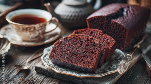 Slices of moist dark chocolate loaf cake on a decorative plate served with a cup of tea on a rustic wooden table