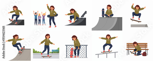 Colorful Flat Style Various Poses of Young Woman with Skateboard Illustration