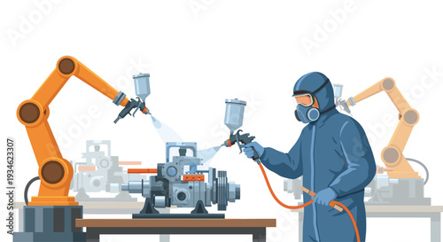 A worker in a blue hazmat suit and respirator mask spray-paints a grey machine part with robotic arms in the background.