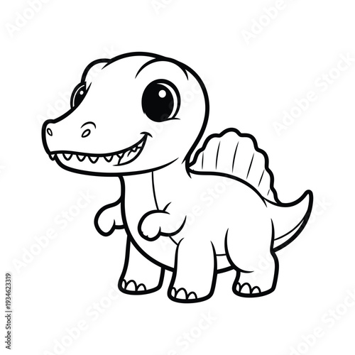 Adorable, simple cartoon line art of a smiling baby Spinosaurus dinosaur with large, expressive eyes and a prominent dorsal fin, perfect for children's educational materials.