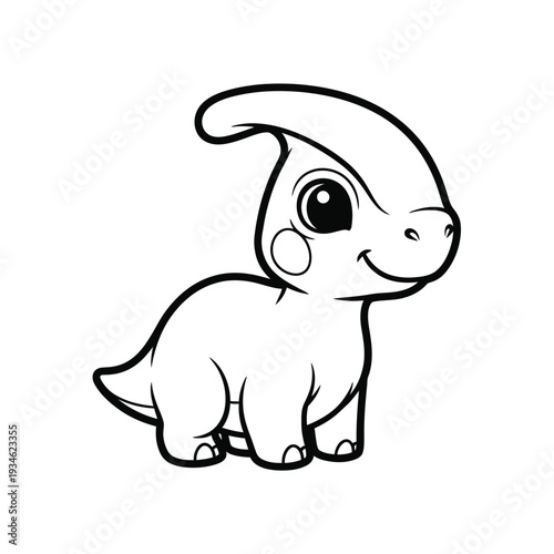 Adorable baby Parasaurolophus dinosaur with a cute crest, smiling playfully in a simple, charming line art style, perfect for children's books and educational materials.
