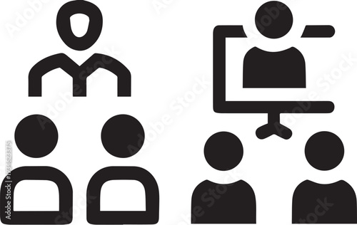Black silhouettes of people in a meeting or presentation setting with a screen